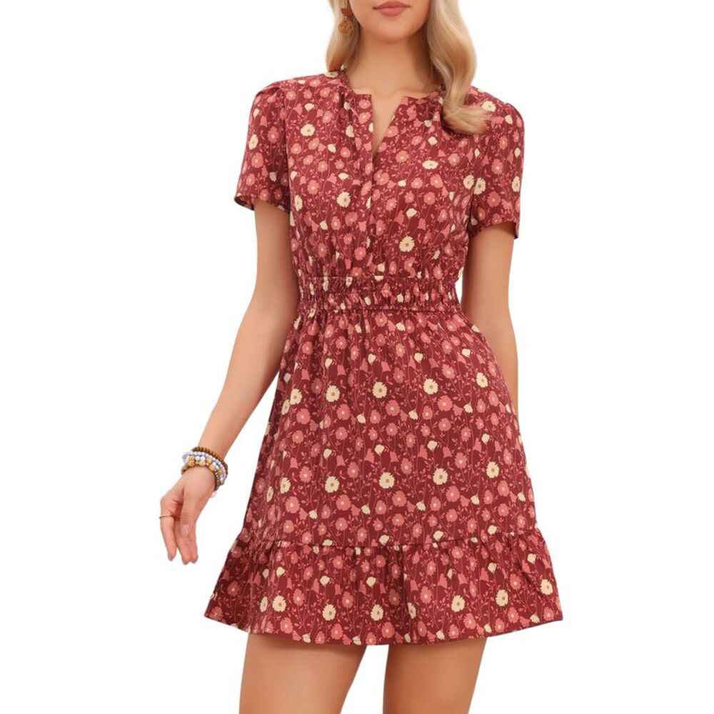 Allegra K Burgundy Floral Short Sleeve Shirred Waist Dress